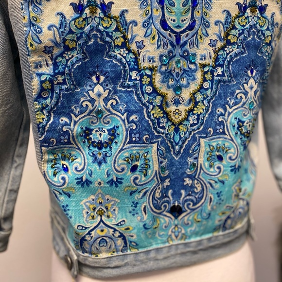 Handmade Denim Jean Jacket Size XS Crystals Beads - Picture 2 of 9